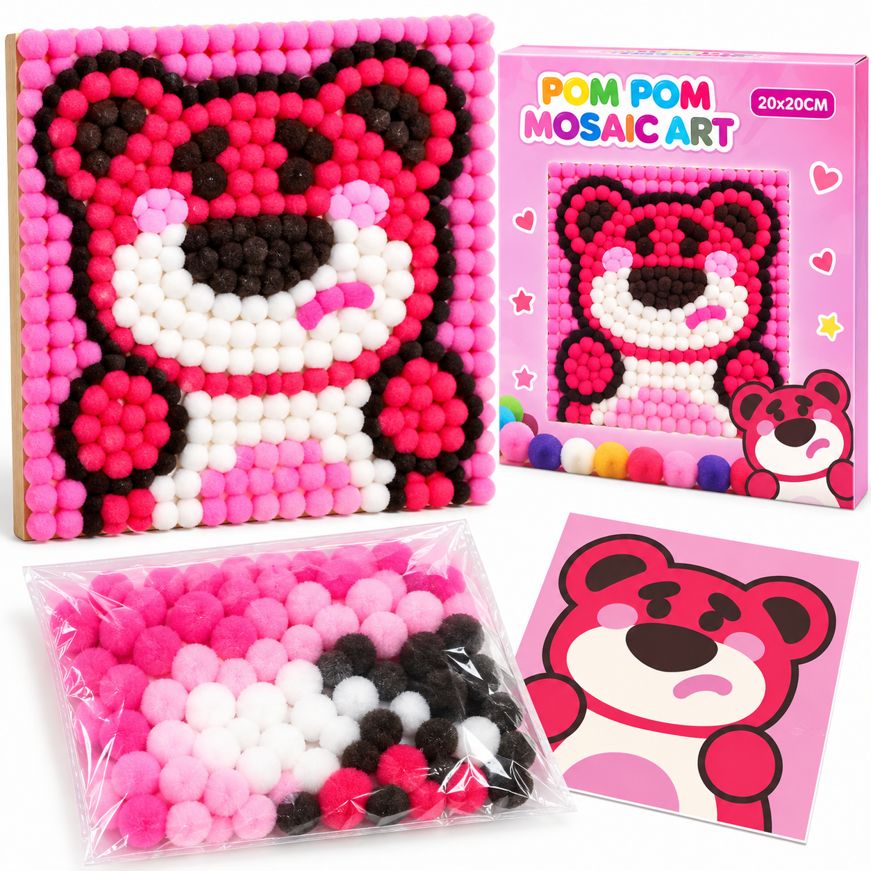 Pom-pom Mosaic Art/ pink bear