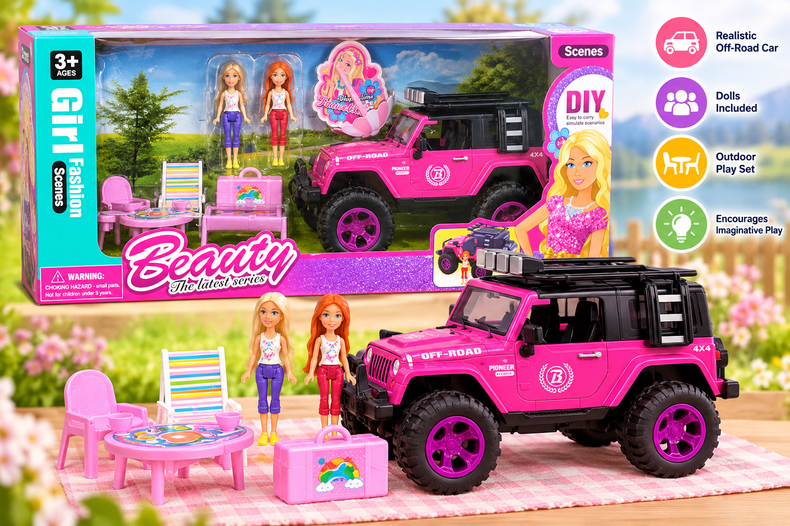Beauty Fashion Doll & Pink Jeep Adventure Playset